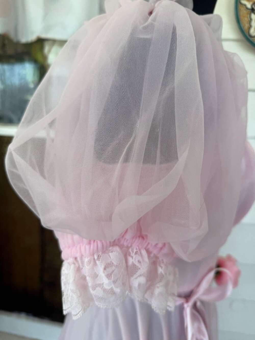 Vintage 80s Bubble Gum Pink Sheer Nylon & Lace Party Dress Balloon Sleeves Sz M - Picture 11 of 16
